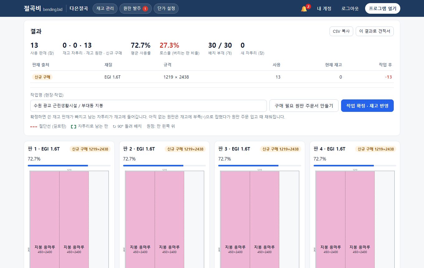 커팅 플랜: 사용률·로스율·판 배치